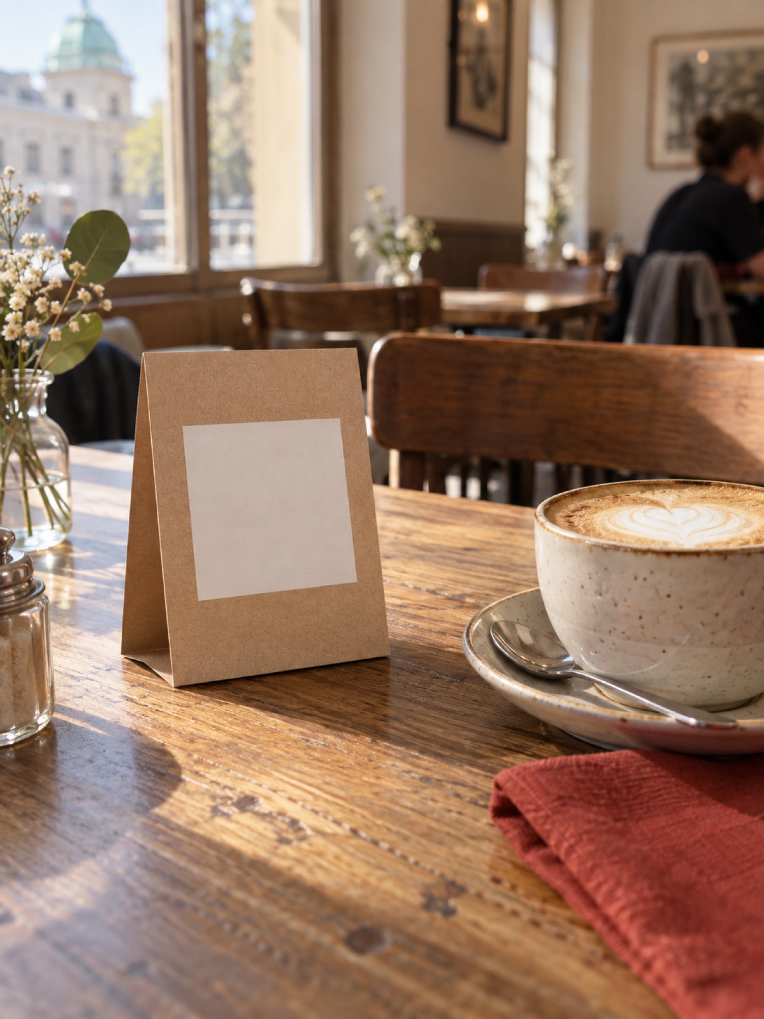 A5-Aufsteller aus Karton auf einem Tisch neben einer Tasse